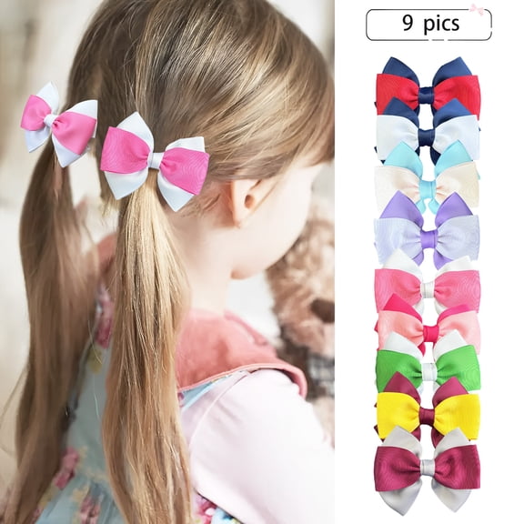 JoyBowie 9 Pcs 3.7 Inch Two-Tone Hair Bows Clips Grosgrain Ribbon Color Block Hair Accessories for Toddler Girls Kids