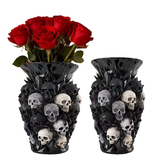 Gothic Skull Resin Flower Vase, 3D Rhinestone Skull Sculpture Decorative Planter Pot, Halloween Decorations Indoor Outdoor, Spooky Punk Dark Style Tabletop Shelf Desktop Holiday Home Decor Gift