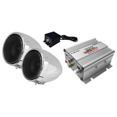 PYLE PLMCA20 - 100 Watt Weatherproof Speaker and Amplifier System with Dual 3'' Speakers, Aux (3.5mm) Input, Handlebar Mount (for Motorcycle, ATV, Snowmobile, Scooter, Boat, Waverunner, Jetski,