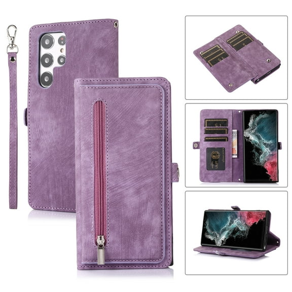 Crossbody For Samsung Galaxy S25 Ultra Wallet Case [Cards Theft Scan Protection] Card Holder Zipper PU Leather Flip Kickstand Cover Shoulder Strap & Short Wrist Strap Magnetic Phone Cover,Purple