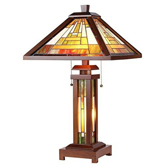 CHLOE Lighting GAWAIN Tiffany-style Mission 3 Light Double Lit Wooden Table Lamp 15" Shade