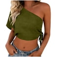 thumbnail image 2 of Women's One Shoulder Tops Short Sleeve Crop Top with Tie Side Textured Breathable Summer Blouse Olive Green M, 2 of 7