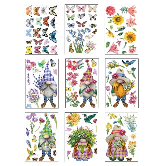 SLYNSHome 9 Sheets Spring Window Clings Double-Sided Gnome Hummingbird Butterfly Flower Easter Window Stickers Floral Window Decals for Home