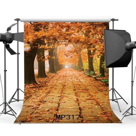 Road Lamp - HelloDecor Polyster 5x7ft Autumn Backdrop Golden Leaves Jungle Forest Trees Green Plants Chair Vintage Brick Floor Park Road Lamp Nature Wedding Photography Background Girls Lover Photo Studio Props