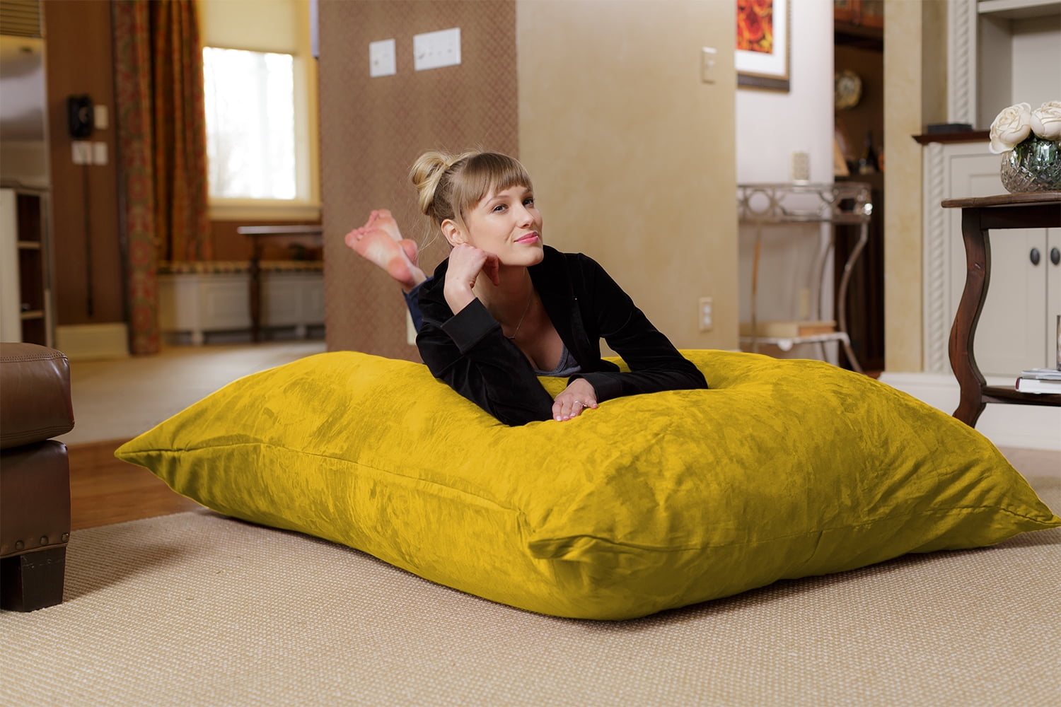 Chill Sack Bean Bag Pillow, Memory Foam Lounger with Microsuede Cover, Kids, Adults, 7.5 ft, Lemon