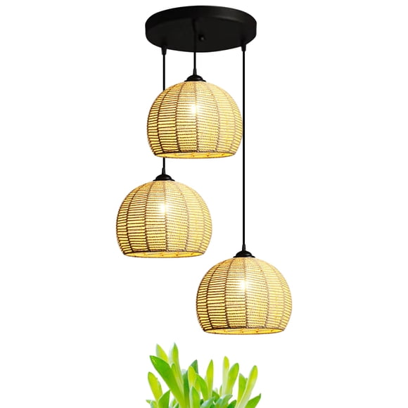 FSLiving Full Spectrum 15W LED Plant Grow Light Hanging Swag Pendant Lamp Flush Mount Portable Twine Natural Rattan Shade Mini Semi Light Fixture E26 Socket for Indoor Planting Kitchen Green House