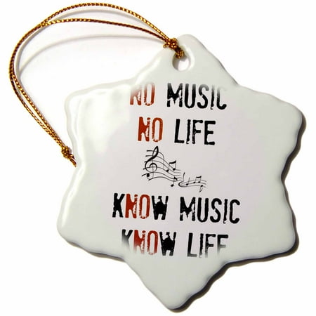 Music Notes Christmas Ornaments 3dRose No music No life Know music Know life picture of music notes, Snowflake Ornament, Porcelain, 3-inch ()