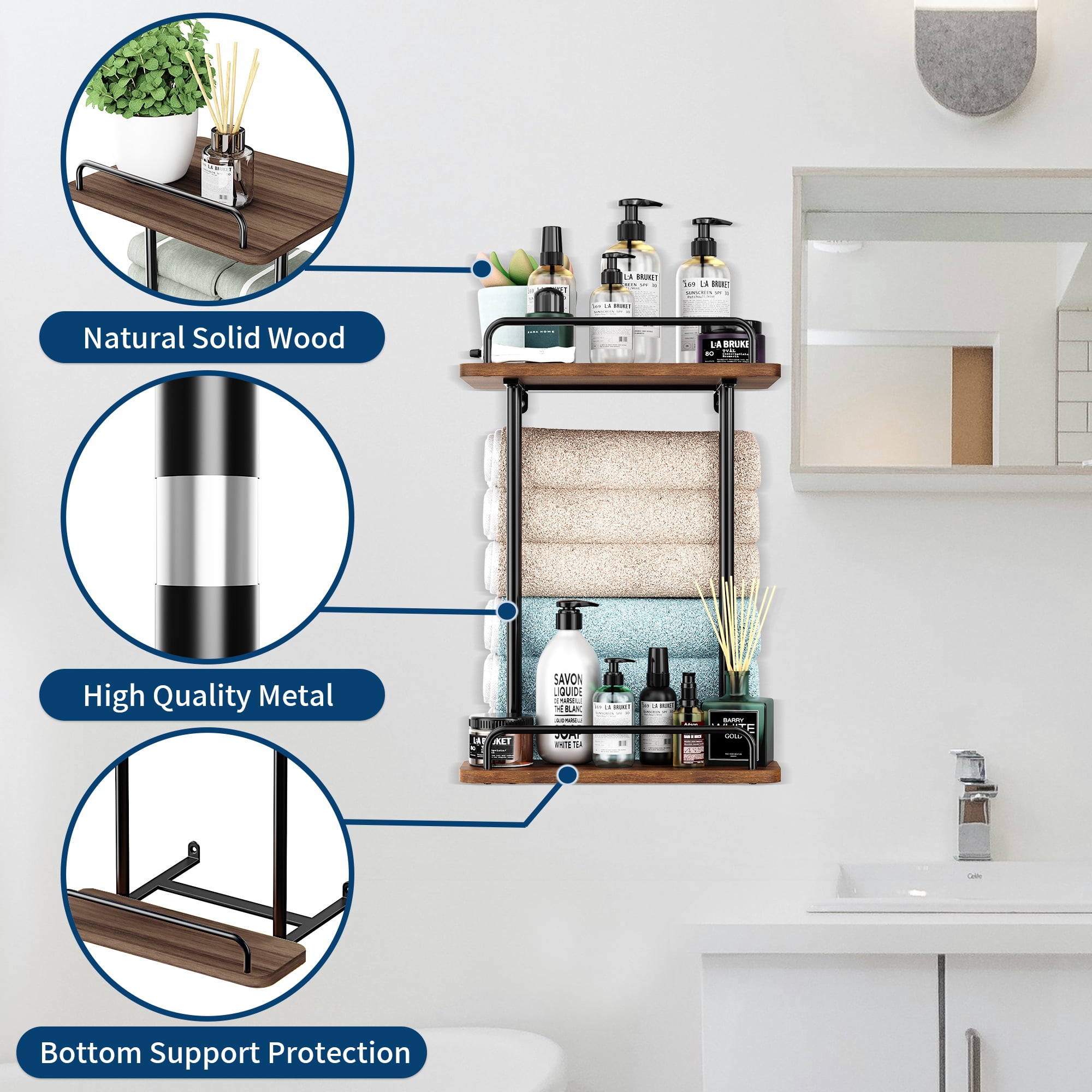 Bath Towel Storage for Small Bathroom Wall Mounted, 2 Tier Towel Shelf, Wall Towel Rack for Rolled Towels, Towel Holder with Metal Shelf, Towel Organizer with Hang Rod