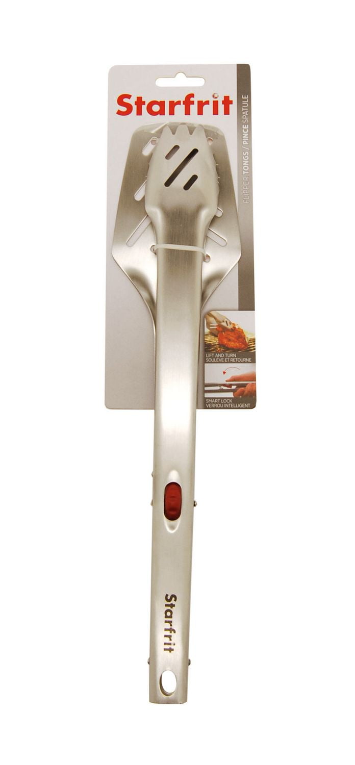 Starfrit Flipper Tongs, Multi-Use Tongs, Stainless Steel, Strainer Holes, Flat Scraper End, Smart Lock,