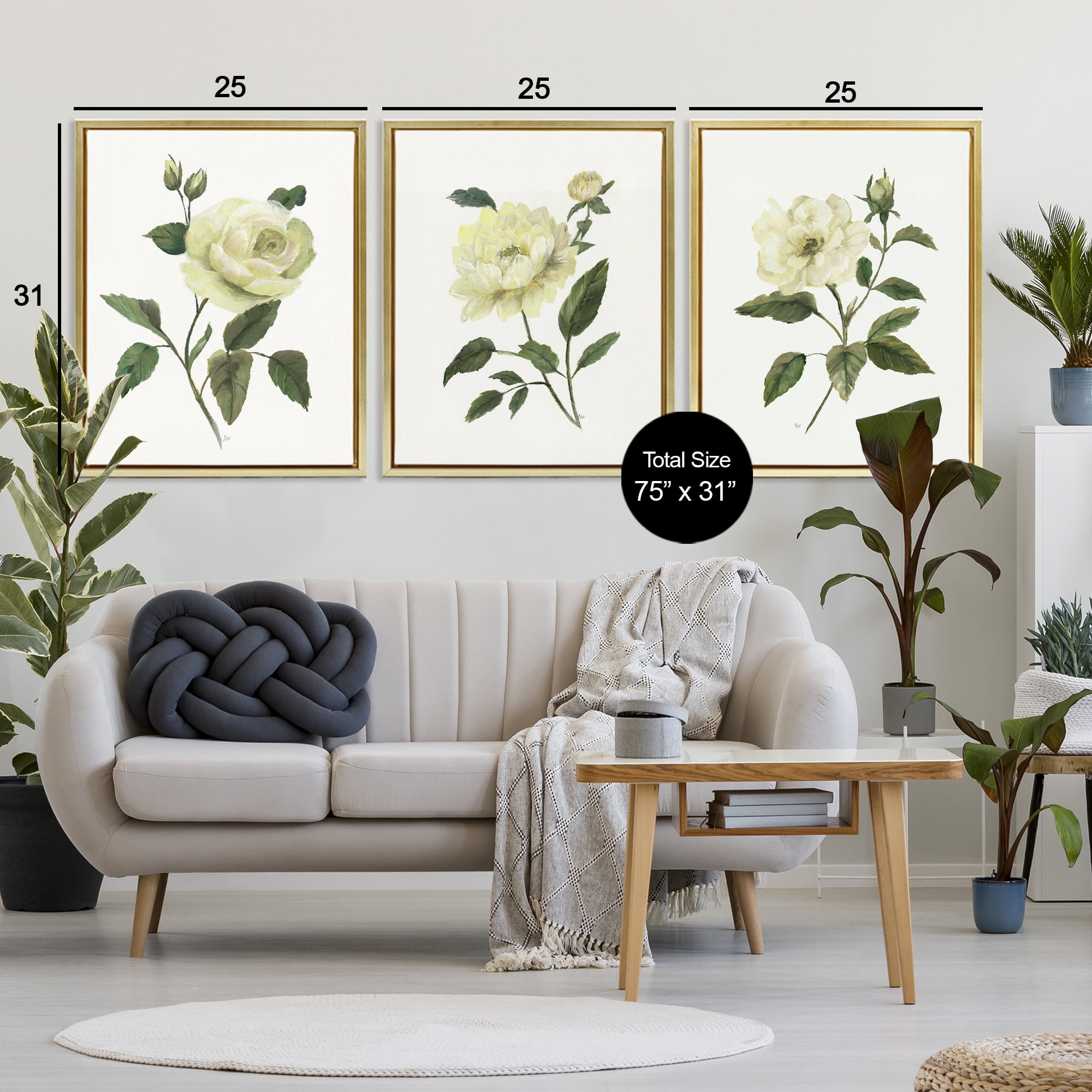 Stupell Industries Ivory Budding Garden Flowers 3 Piece Gold Framed Floater Canvas Set, design by Nan