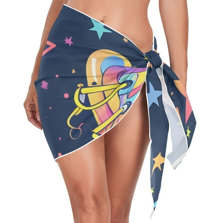 Retro Rollers Skates Stars Women Coverups Beach Cover Up Chiffon Swimsuit Bikini Wrap Short Skirt Beach Slit Tie Waist