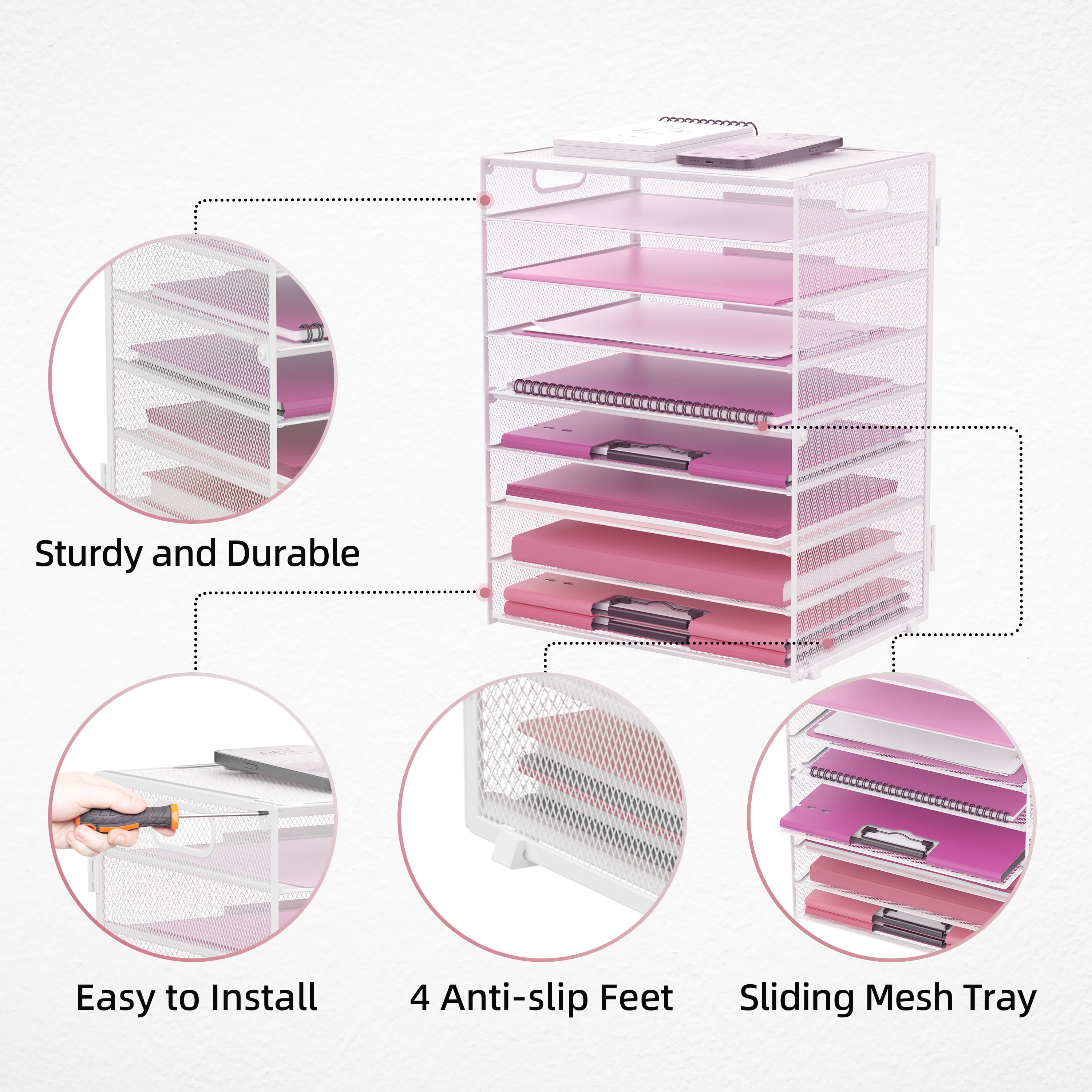 INTIGE 9-Tier Metal Paper Tray Desk Organizer with Handles, Desk Letter Organizer, White, 1 Piece