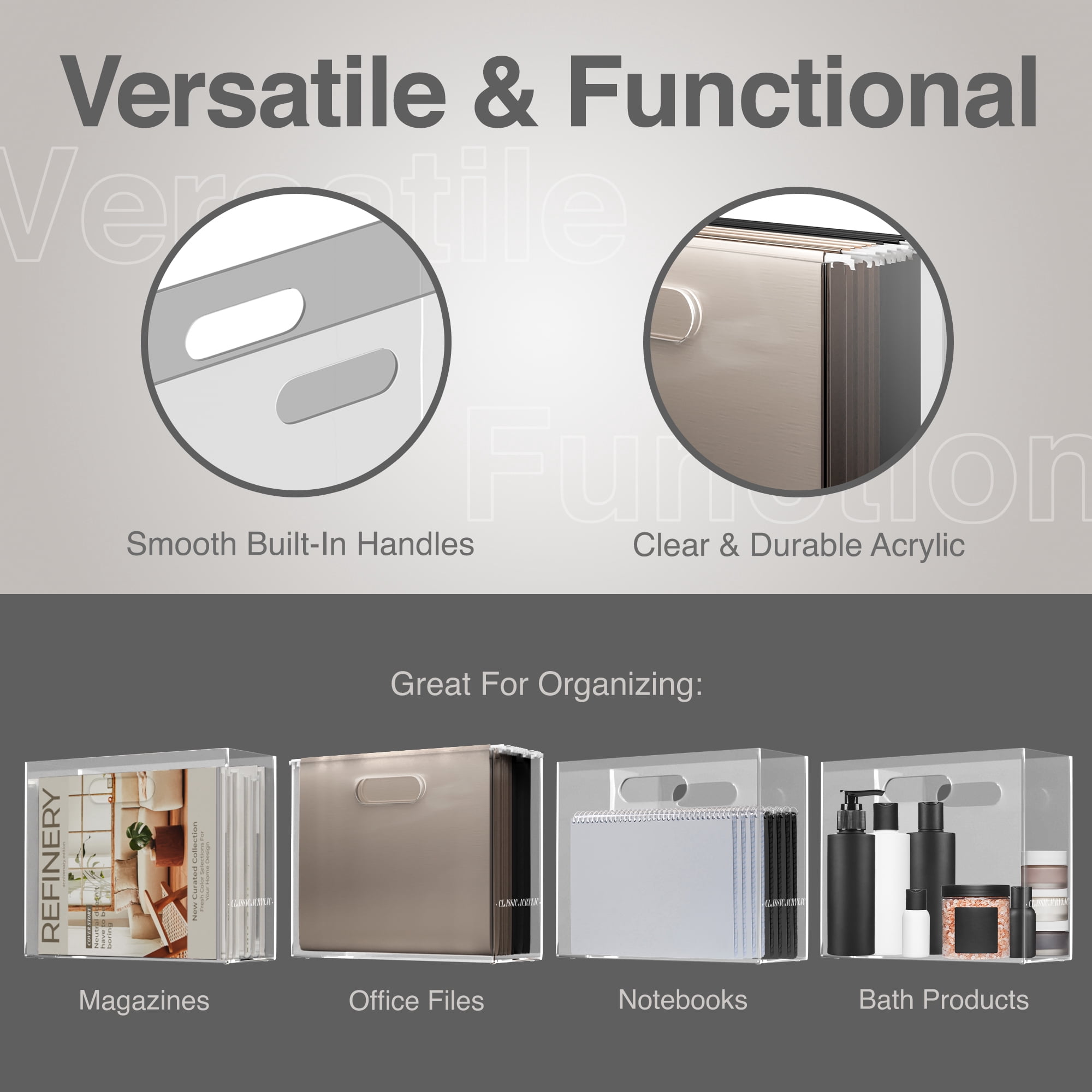 CLASSIC ACRYLIC File Organizer for Home and Office Organization, Clear, 10"x12"x4" Gift Box Included