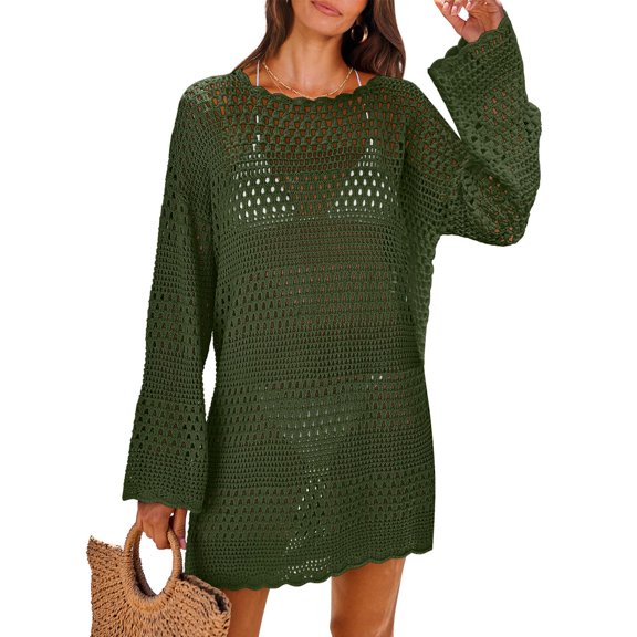 Delconic Women's Cover Up Edge Hollow Beach Cover Up Loose Dress Army Green L