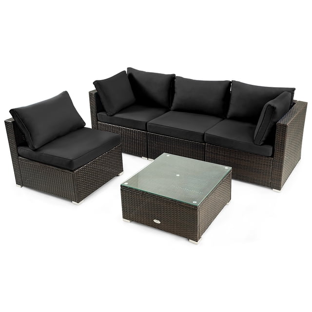 Patiojoy 5PCS Rattan Patio Furniture Set Cushioned Sofa Chair Coffee Table Set Easy Assemble Black