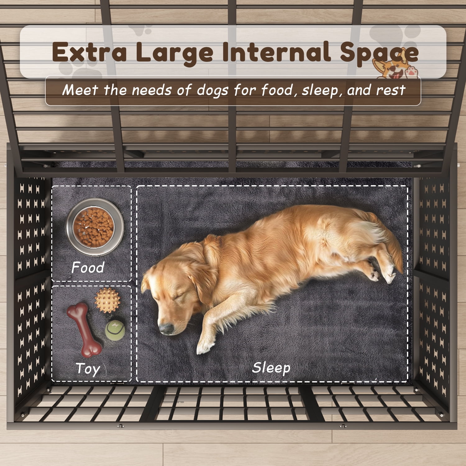 BOSSIN 48 Inch Steel Cushion Dog Crate Heavy Duty Chew Proof Kennel for Large Dogs, XL Metal Cage with Locking Wheels