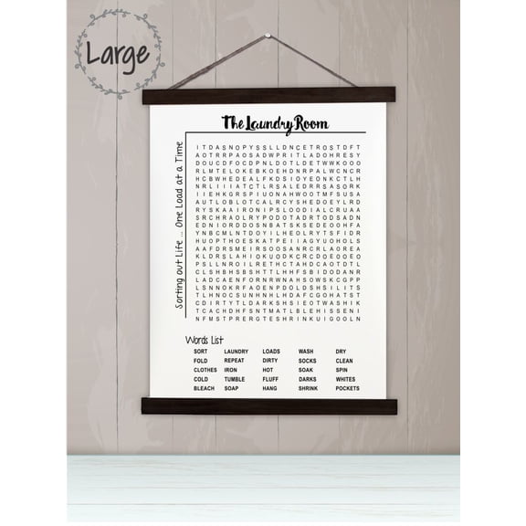 Black Wood, Canvas Sign, Laundry Room Decor Word Search Puzzle Art Print, Lightweight Ready to Hang Wall Hanging, 19x24-Inch