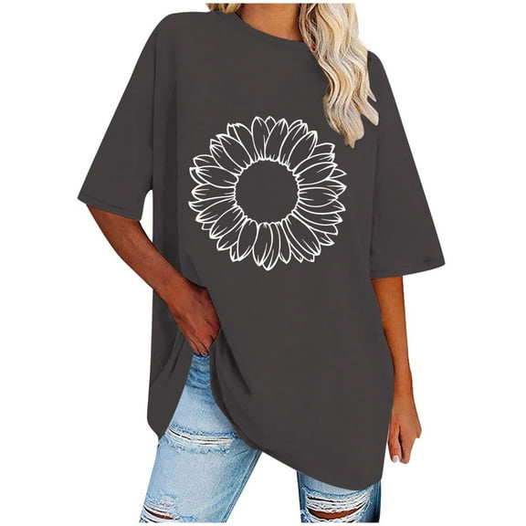 WREESH Loose Printed Women's T-Shirts Oversized Round-Neck Short Sleeve Blouses Gray