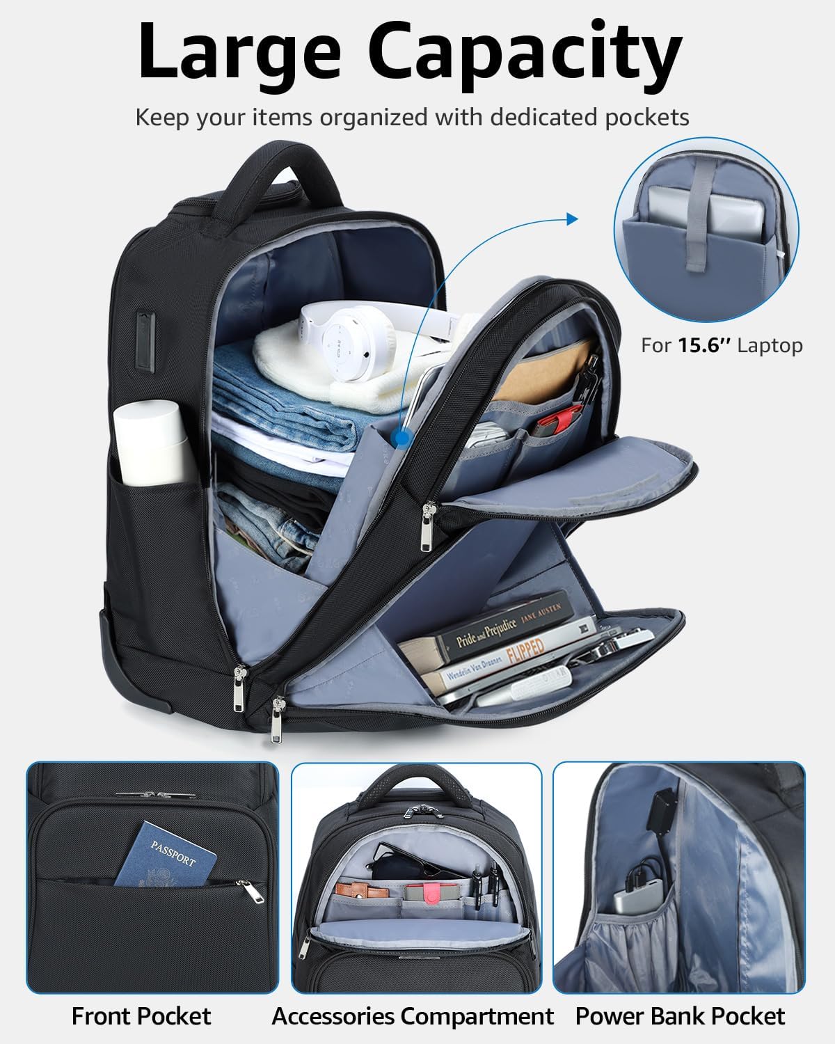 Rolling Backpack, 30L Travel Laptop Backpack with Wheels, 15.6 Inch Roller Carry on Luggage, Flight Approved Personal Item Wheeled Suitcase for Men Women Adults, Black