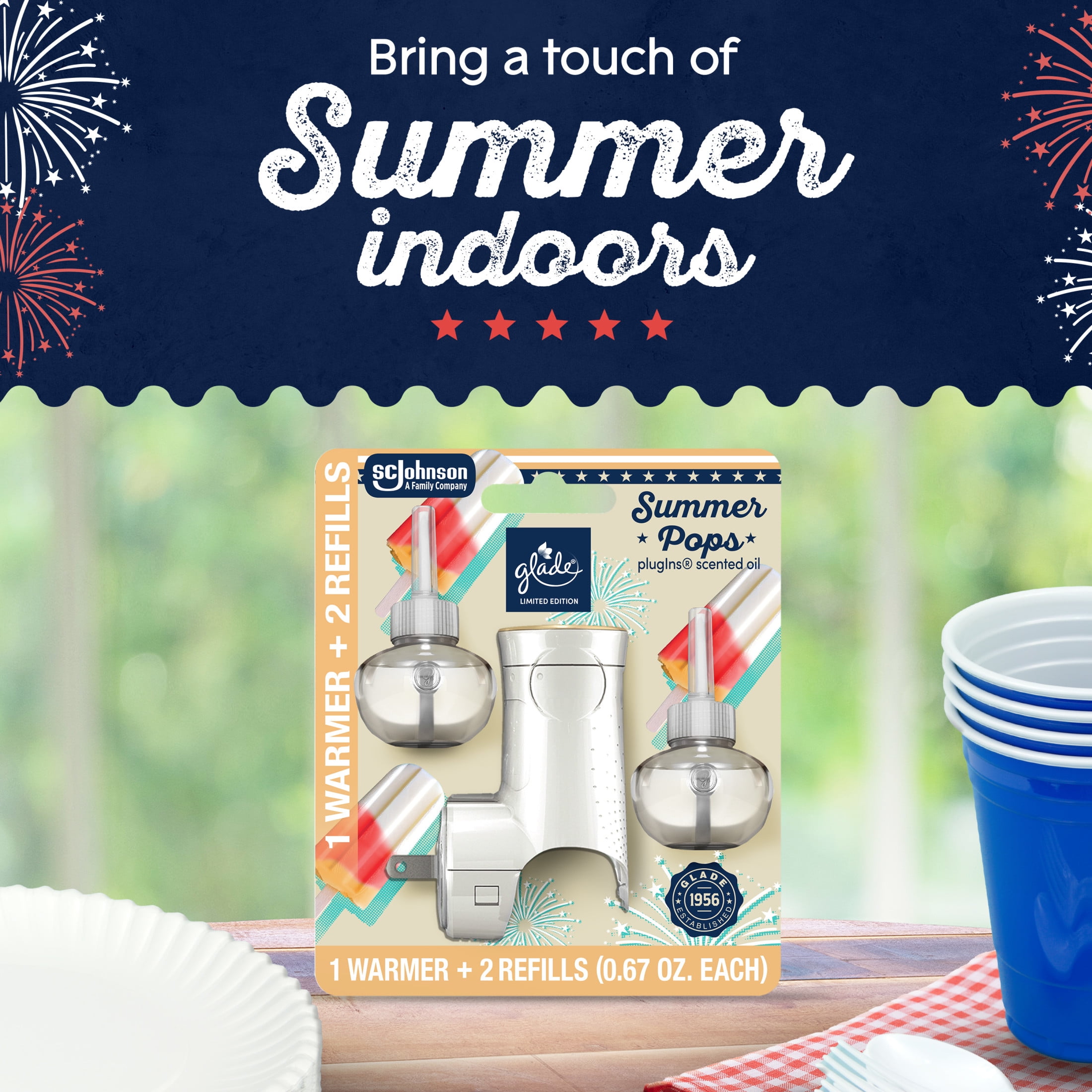 Glade PlugIns Refills Air Freshener Starter Kit, Summer Pops, 1.34 Fl oz., 1 Warmer + 2 Refills