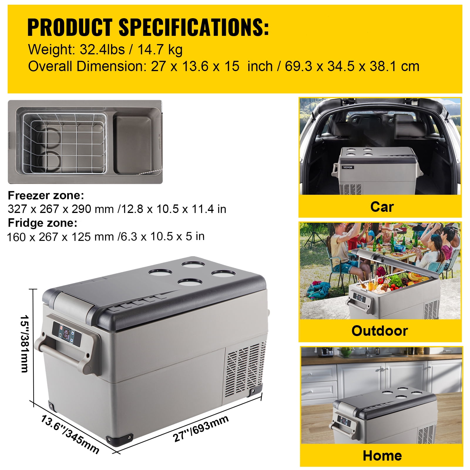 VEVOR 37Qt Compressor Portable Small Refrigerator Cooler Freezer Home And Car Vehicular Fridge