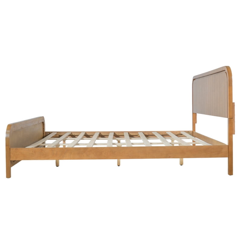 King Size Low Profile Bed Frame with Striped Headboard & Footboard, Wood Platform Bed with Slats Support & 7'' Under-Bed Space