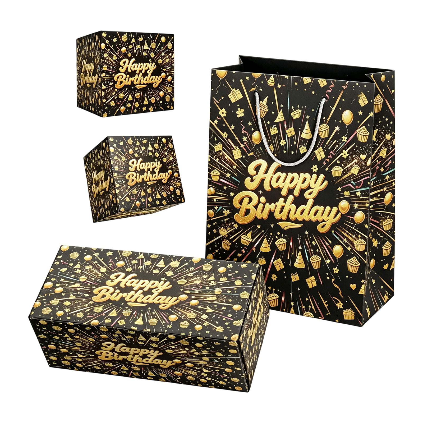 Birthday Surprise Gift Box Set Black Gold Happy Birthday Exploding Gift Boxes with Matching Gift Bag Pull Pop Surprise Box for Birthday Party Holiday Gifting and Party Decor
