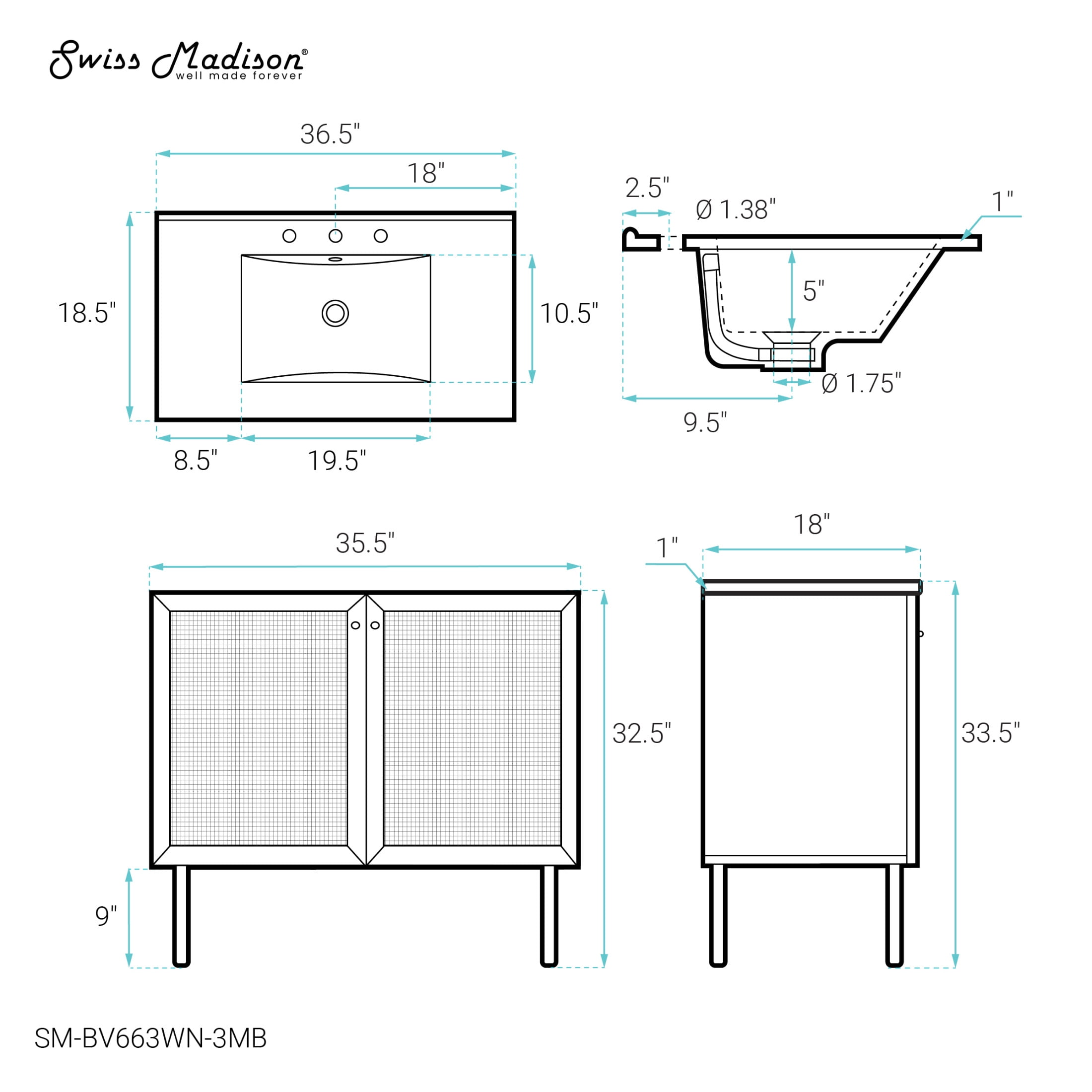 Classe 36" Freestanding Bathroom Vanity in Brown Oak with Black 3-Hole Widespread Sink Top