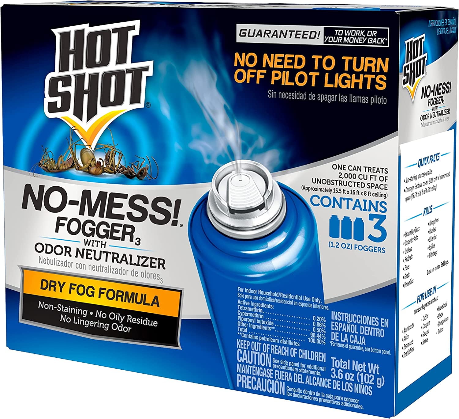 Hot Shot No Mess Fogger With Odor Neutralizer, Kills Roaches, Ants, Spiders & Fleas, Controls Heavy Infestations, 3 Count, 1.2 Ounce