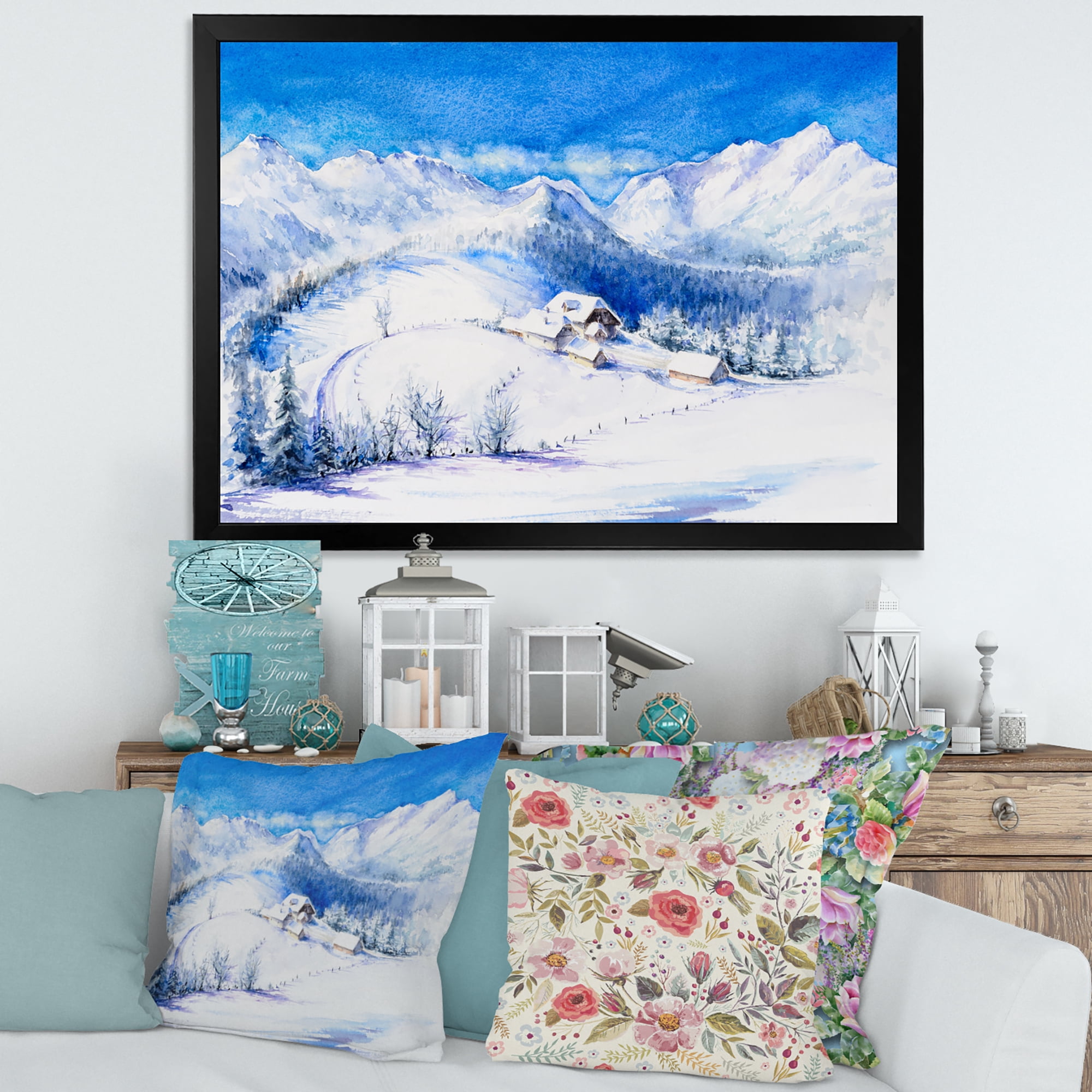 Designart 'Wooden House With Winter Mountain Landscape' Traditional Framed Art Print