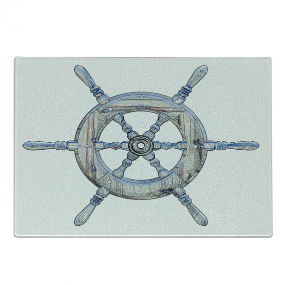 Nautical Cutting Board, Illustration of a Wooden Ship Wheel over White Backdrop Sail Exploring Ocean Theme, Decorative Tempered Glass Cutting and Serving Board, Small Size, Blue White, by Ambesonne