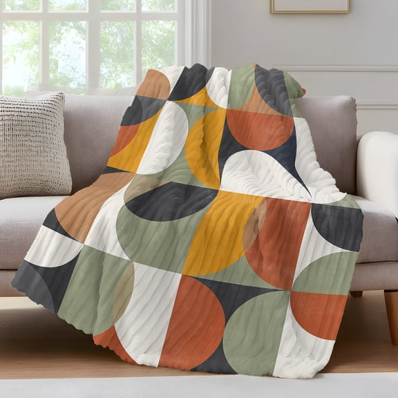 Orange Modern Geometric, Fleece Throw Blanket for Couch, Abstract Watercolor Semicircle Microfiber Flannel Blanket for All Season, Lightweight Soft Throw Blankets for Bedroom, Living Room, 60"x80"