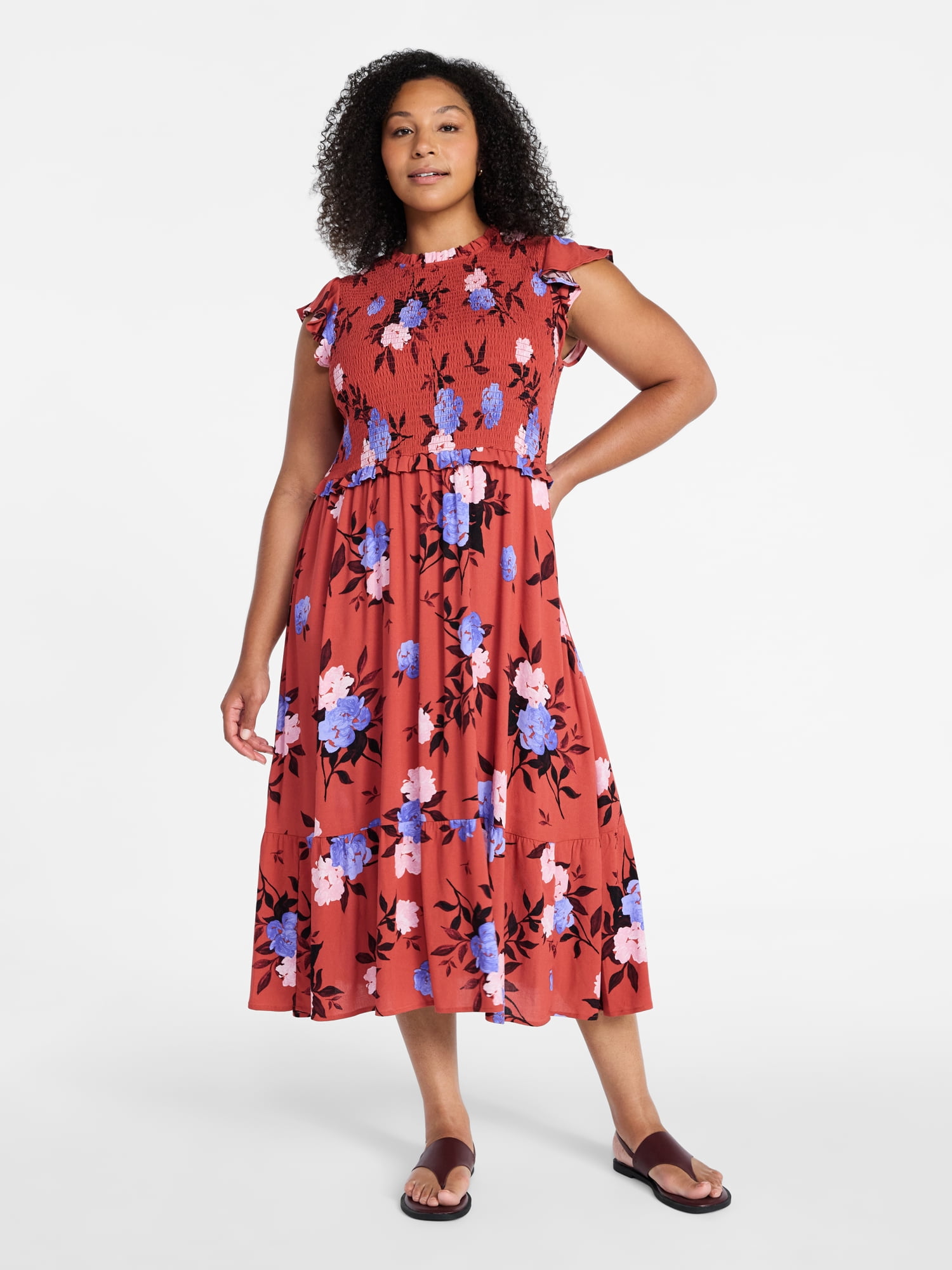 Time and Tru Women's and Women's Plus Smocked Bodice Midi Woven Dress, Sizes XS-4X