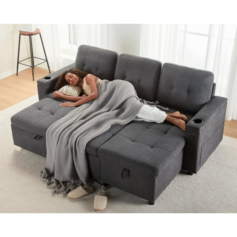 AMERLIFE 84 Inch Sleeper Sofa with 2 USB & Cup Holders, L Shape Sofa with  Storage Chaise, Dark Grey