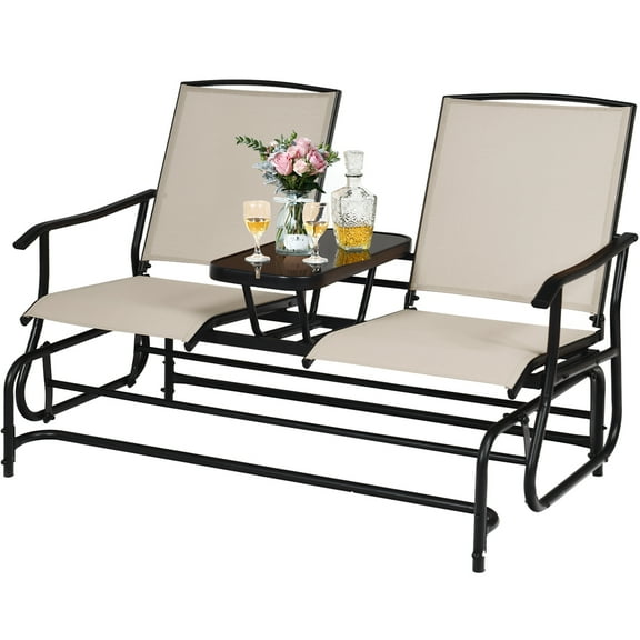 Costway KYD703Z1 2 Person Patio Double Glider Steel Frame Loveseat Rocking with Center Table, Beige
