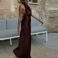 thumbnail image 3 of Halter Satin Long Dress Women Tied Backless Brown Midi Dress Summer Off Shoulder Party Dresses Pleated Evening Dress, 3 of 7