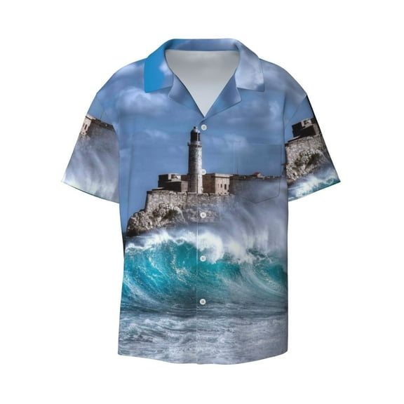 Naloa Lighthouse in Havana Men's Loose Fit Cuban Collar Short-Sleeve Shirt with Button-down and Chest Pocket for Everyday Wear Outings - Small