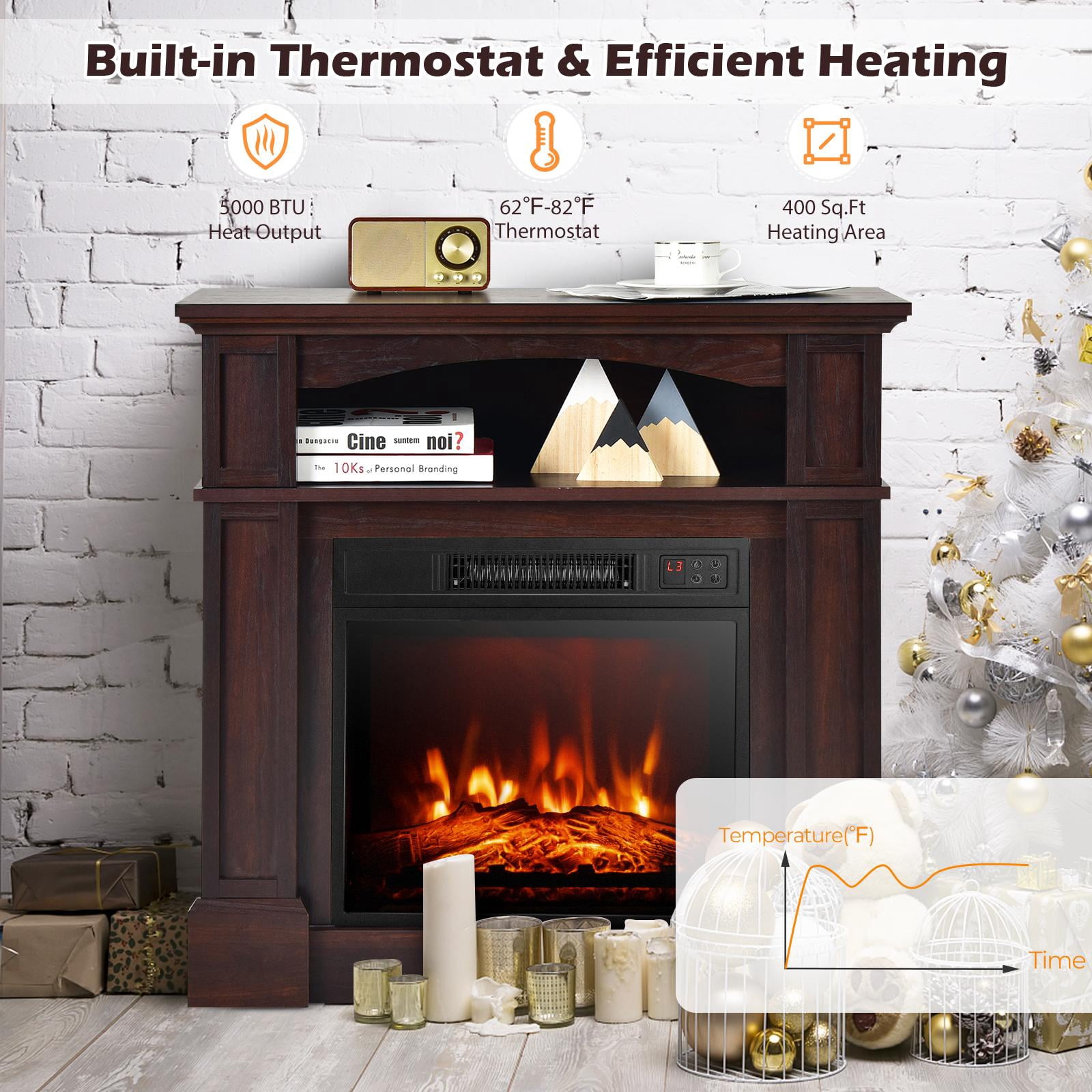 32" Electric Fireplace w/Mantel and Remote Control, Freestanding Heater w/3-Level Adjustable Flame Brightness & Overheat Protection, Brown