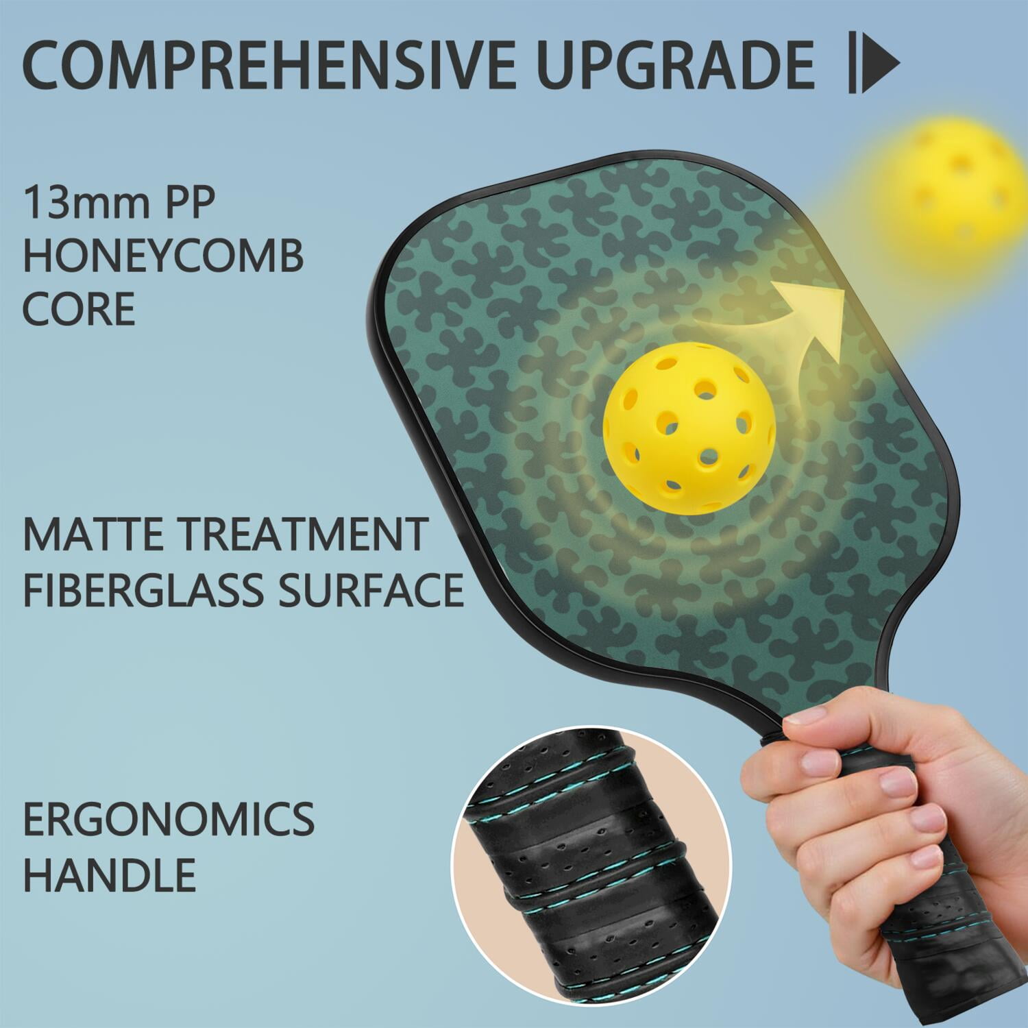Pickleball Paddles Set Of 1, Fiberglass Surface, Camouflage Print, 1 Paddle, 2 Balls & Bag