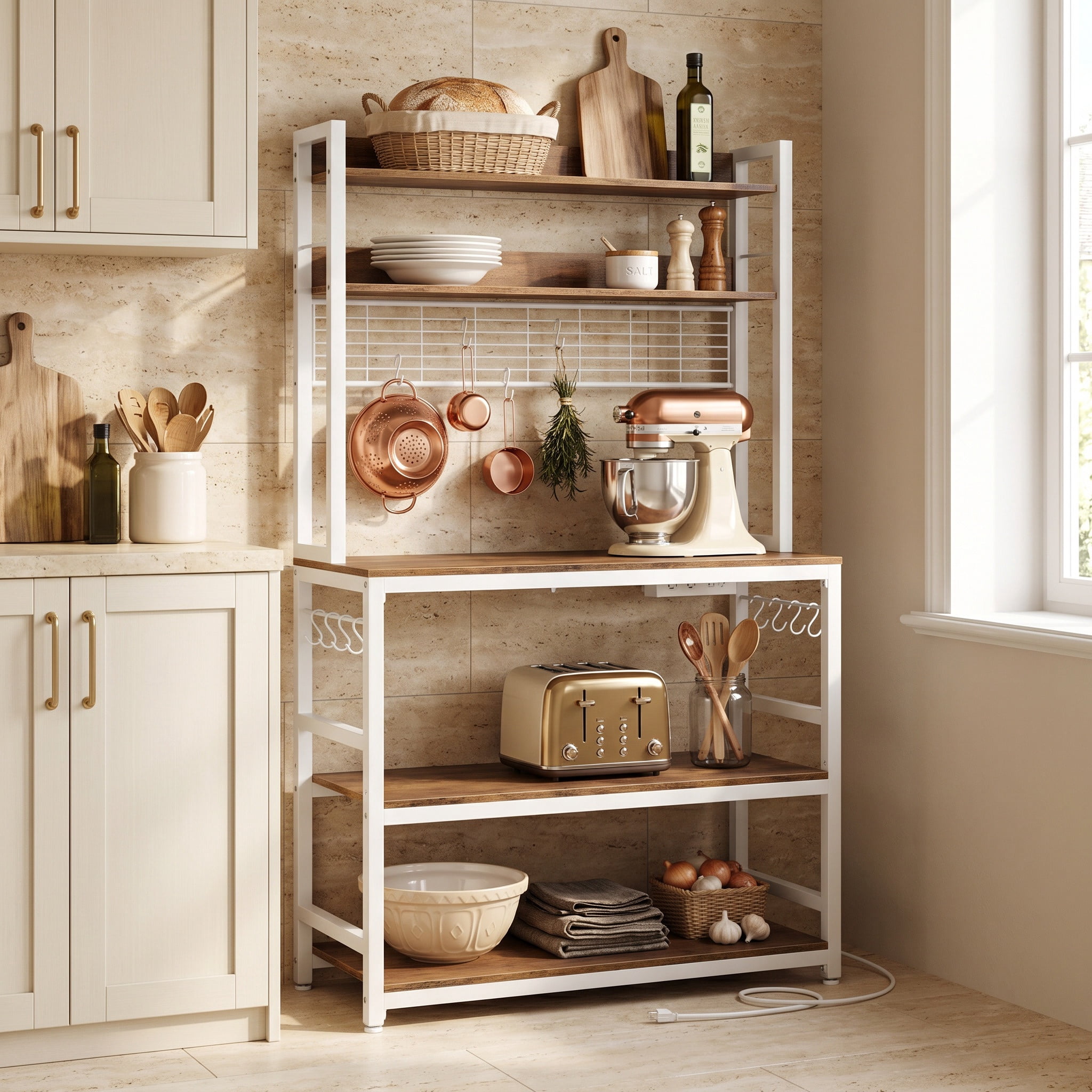 Nordic Hygge 66.9 in. Tall Bakers Rack with Power Outlet, Rustic Walnut & Cloud White