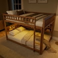 thumbnail image 3 of Full over Full Bunk Bed with LED Lights and Storage Shelves, Convertible 2-in-1 Solid Wood Adult Bunk Bed with Angled Ladder and Full-Length Guardrails, Brown, 3 of 9
