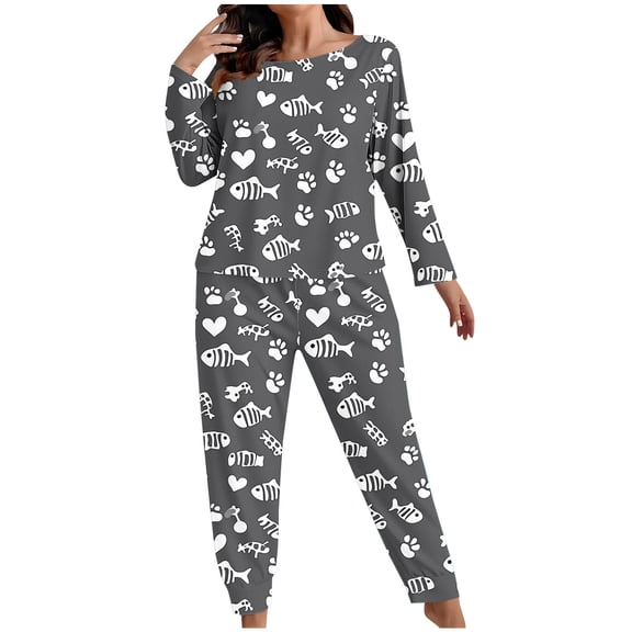 successthop Plus Size Pajamas for Women Long Sleeve Heart Valentine Day Comfortable Tops and Full Pant Fish Sleepwear