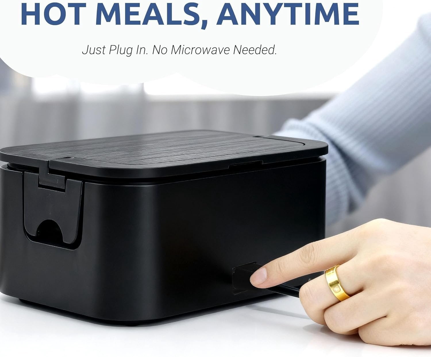 Portable 4 Cup Electric Heated Lunch Box, 33oz  Warmer for Work & Travel, Leak-Proof  Lid, Foldable Handle, Removable Stainless-Steel Container & Detachable Power Cord, Black