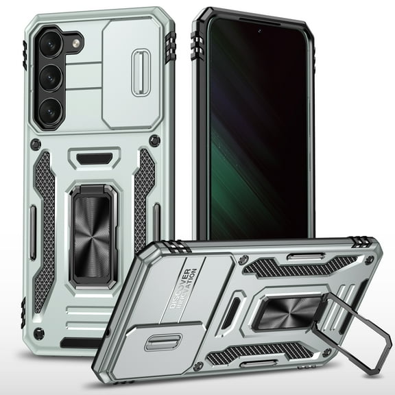 Armor Case for Samsung Galaxy S23 Plus, Sliding Lens Camera Cover Protection Ring Kickstand Compatible with Magnetic Car Mount Holder Military Grade Hybrid Rugged PC Soft TPU Shockproof Case,Gray