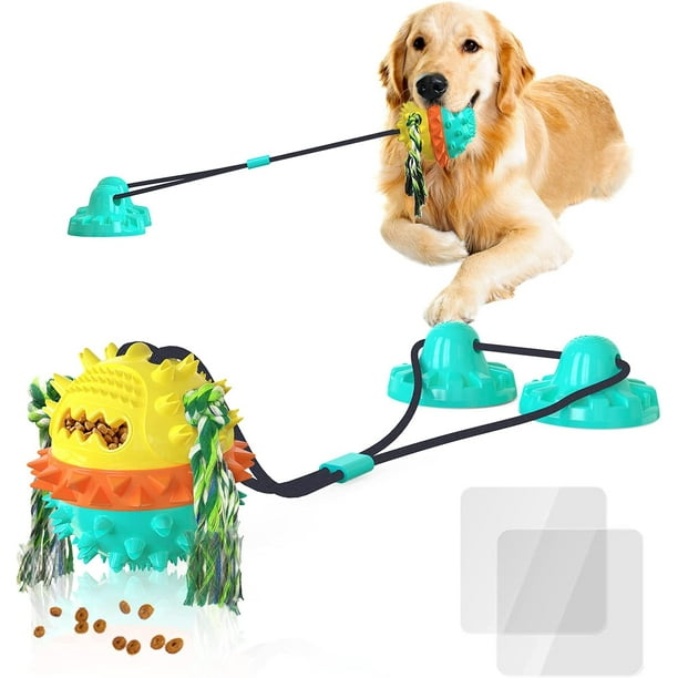 Juguete interactivo indestructible con ventosa para perros, duradero, con función de limpieza de dientes y dispensador de comida.