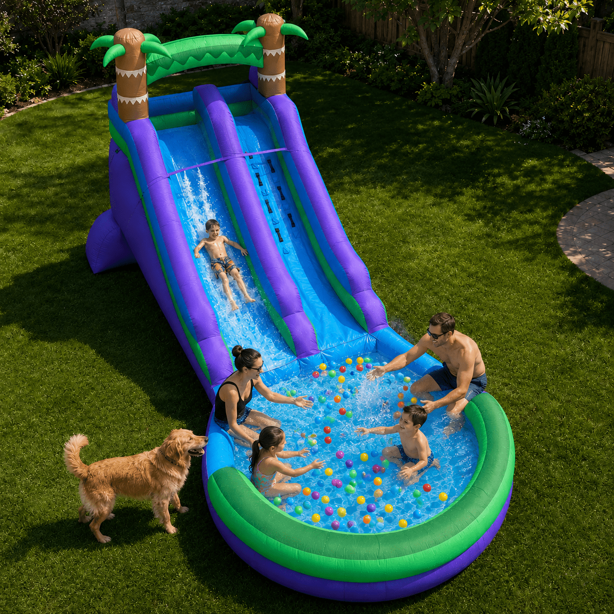 Connsann Inflatable Rainforest Water Slide 22.5ft Large Splash Pool Blower Included Backyard Water Park for Kids 1 Pack
