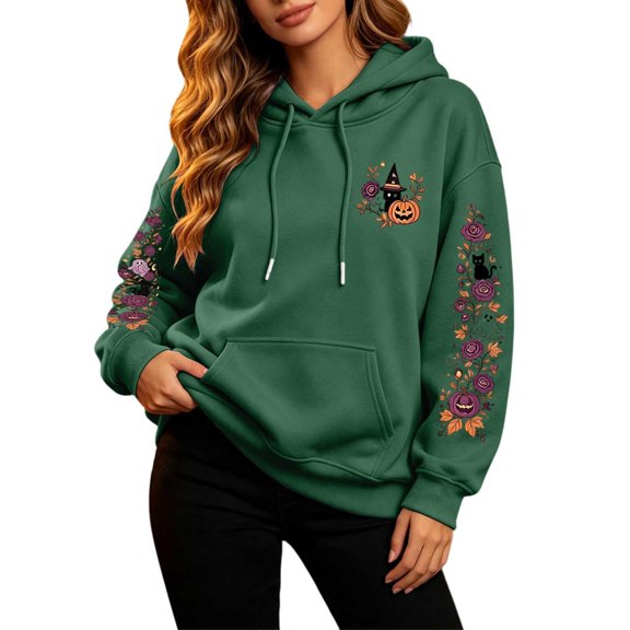 Hoodies Women Halloween Graphic Pullover Sweatshirt Cozy Long Sleeve Casual Tops for Fall Holiday Celebration