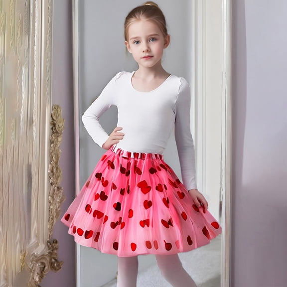 Toddler Girls Heart Print Mesh Ballet Tutu Skirt – Carnival Valentine’s Festive Skirts Dancing Performance Tutu Skirt for Ages 3-14