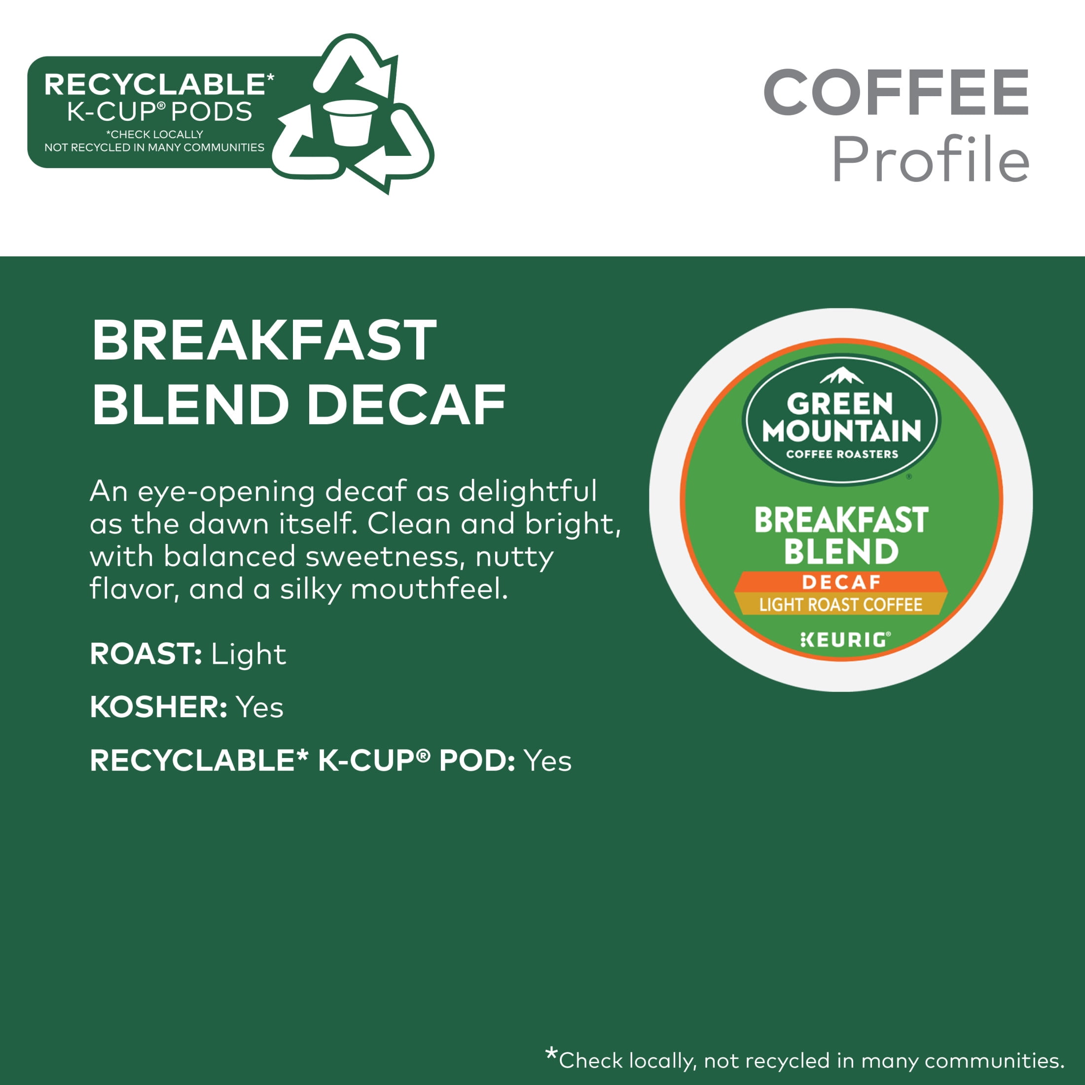 Green Mountain Coffee Roasters, Decaf Breakfast Blend Light Roast K-Cup Coffee Pods, 32 Count