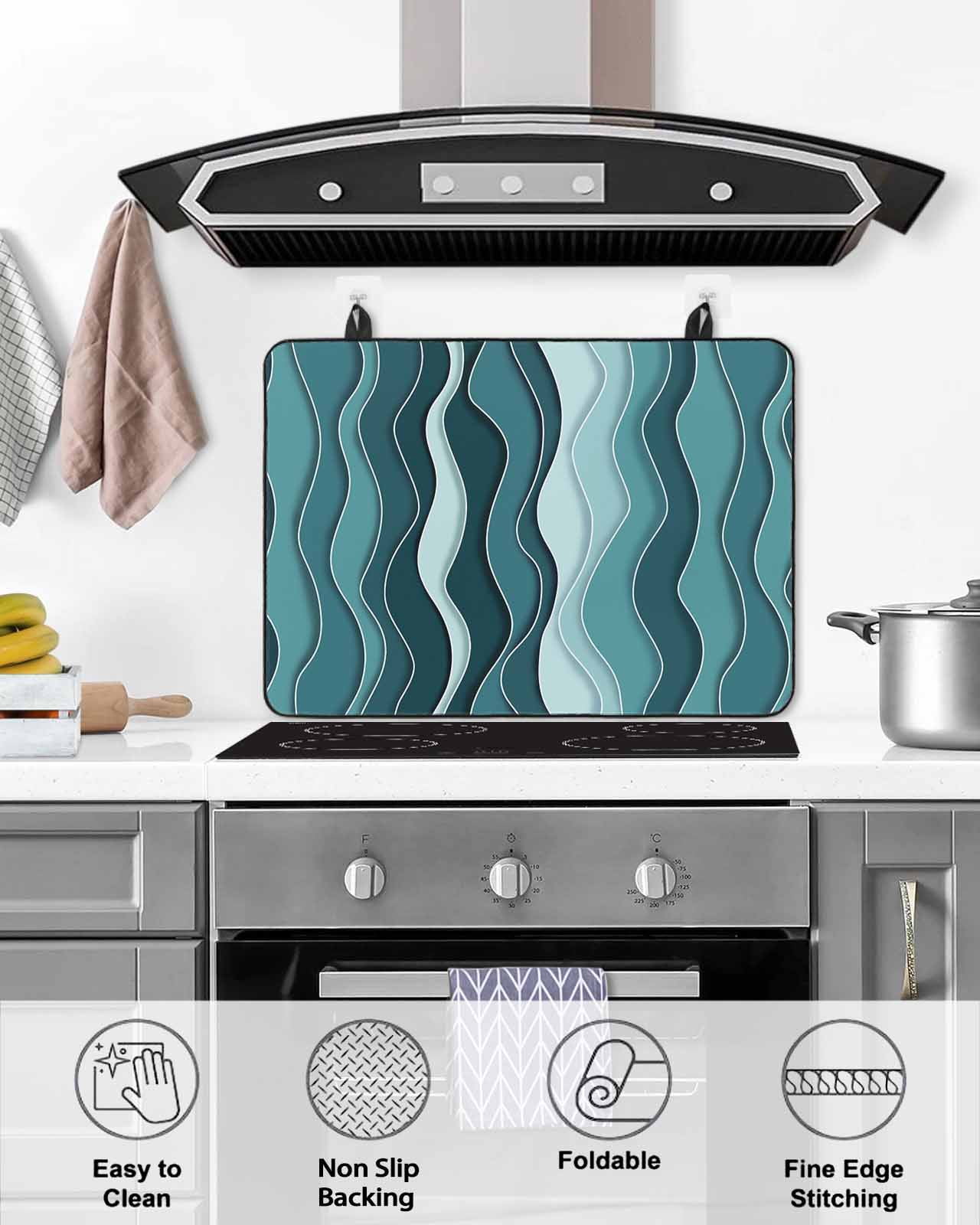 nqOlkjepod Large Induction Cooktop Protector Mat 36"x21", Turquoise Ombre Stove Top Covers for Electric Stove, Abstract Art Moire Ocean Waves Stove Burner Cover Mats, Glass Top Stove Cover
